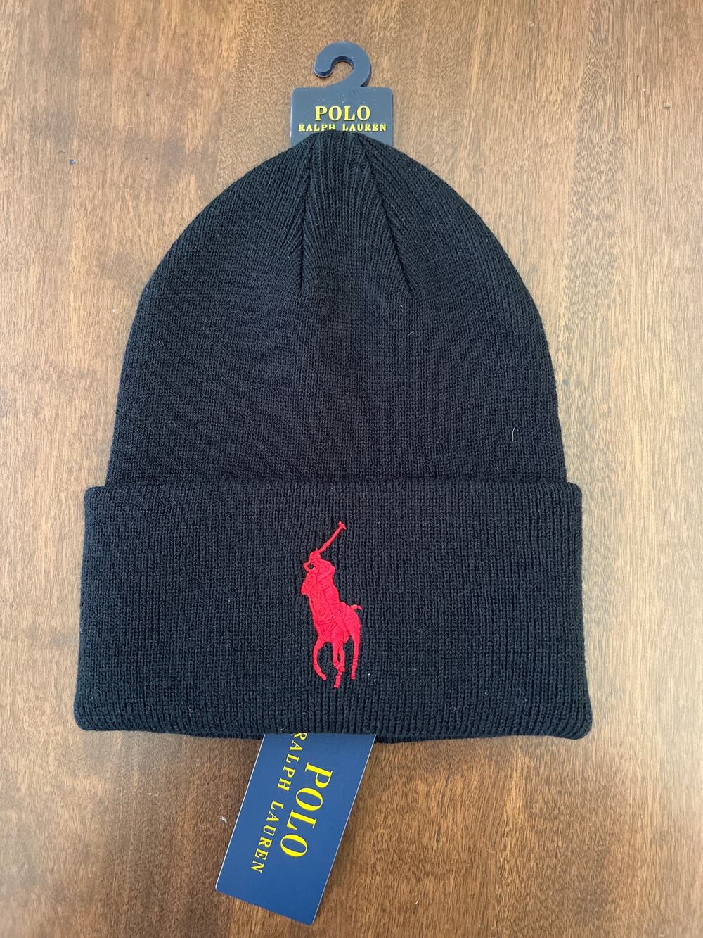 Polo Ralph Lauren Beanie Men Black Red Big Pony Knit Cuff Winter Hat Acrylic NEW